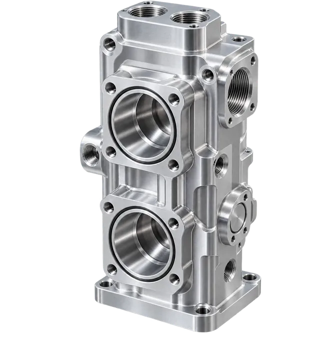 A precision-machined stainless manifold block